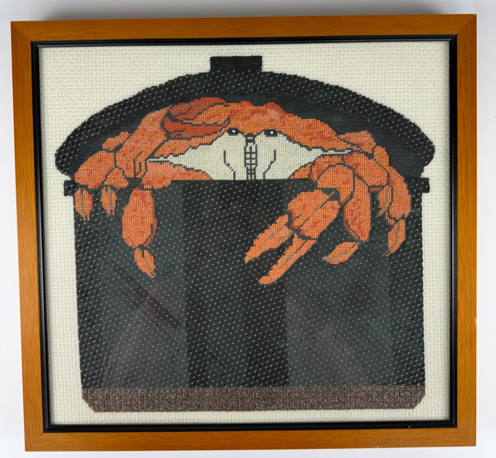 Vintage Framed Needlepoint Art Crab in Boiling Pot Seafood Coastal Kitchen Decor